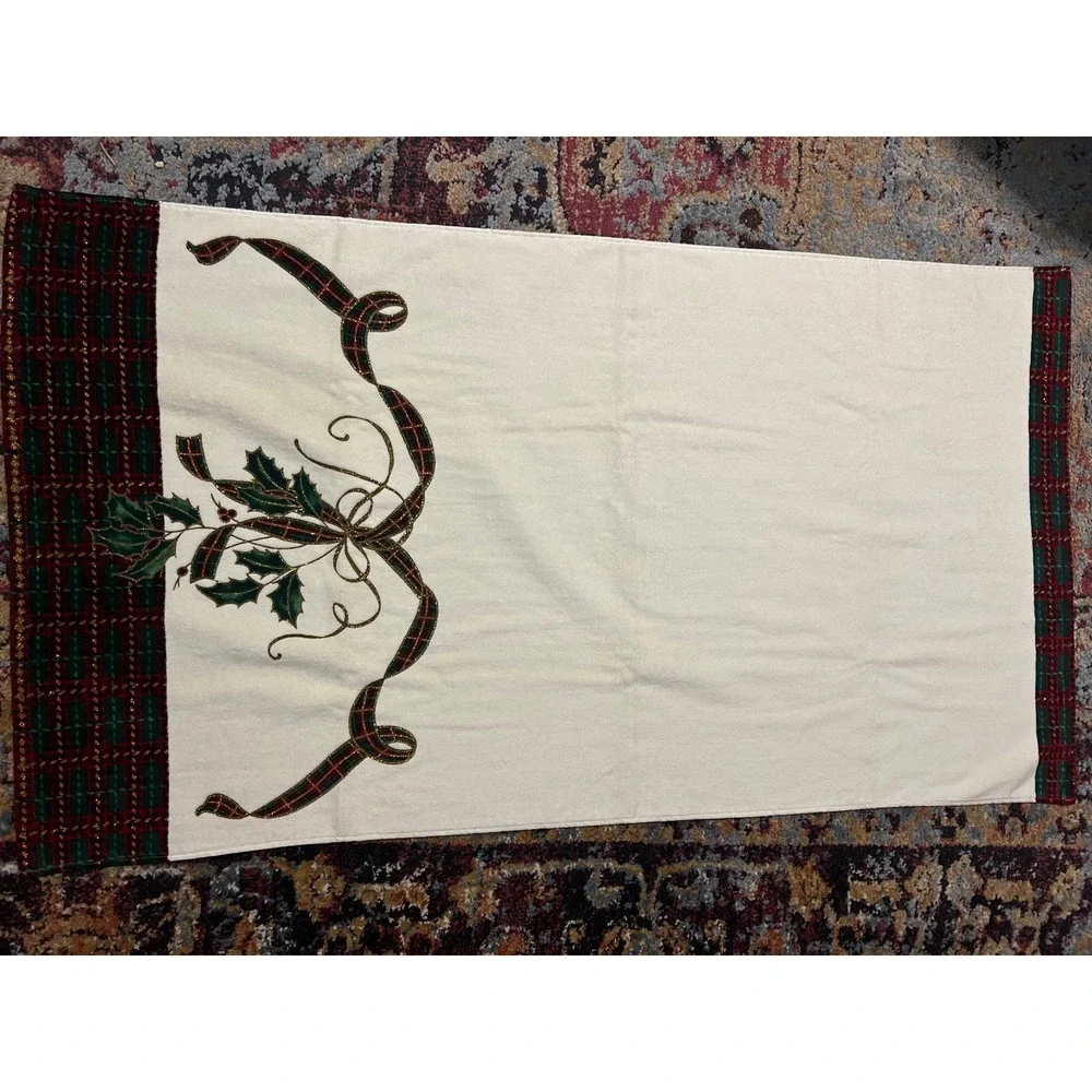 Lenox Holiday Nouveau Christmas Bath Towel Set 4 Holly Plaid Gold Glitter Ivory